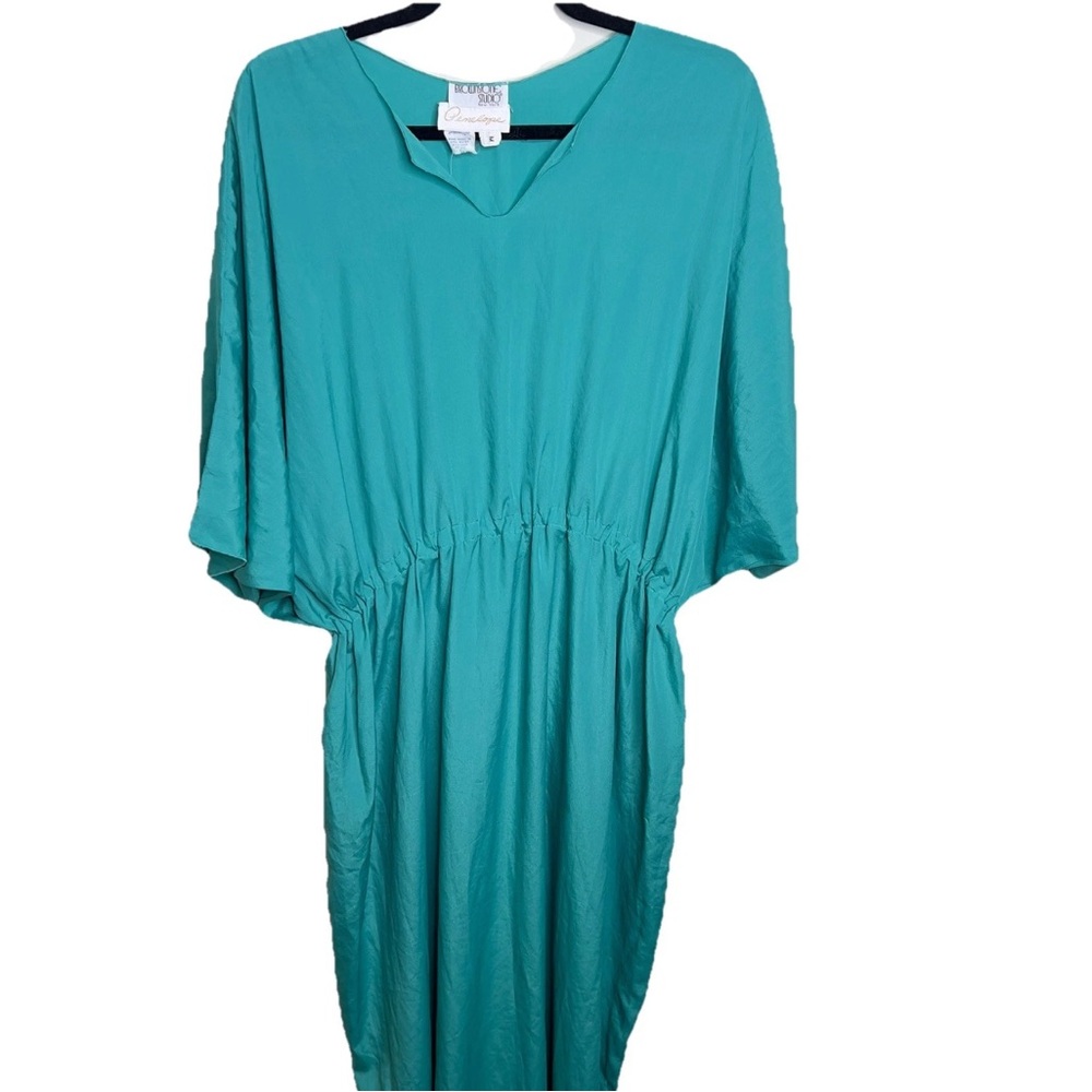Vintage 80s Silk Kaftan Dress Seafoam Green Butterfly Sleeves Women Size Medium